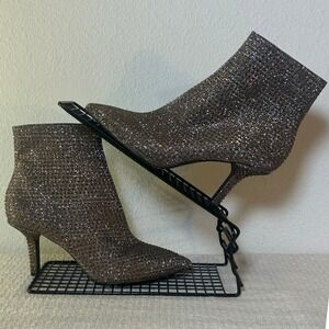 Michael Kors Rhinestone Ankle Boots Gold Bronze Pewter Pointed Toe Stiletto 7M